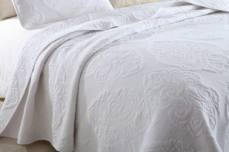 Brandream King Size Quilt Set Cotton White Quilts Vintage Quilted Comforter Set Queen Bedspreads Paisley Matelasse Coverlet Set 3-Piece - Image 2
